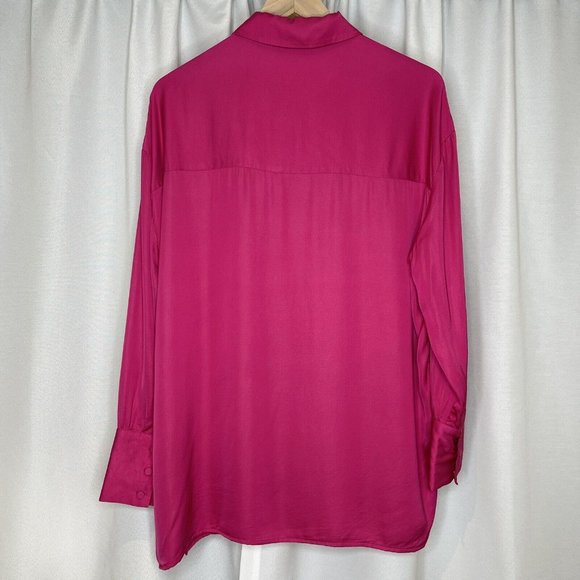 Decjuba Pink Fuchsia Demi Oversized Satin Shirt Blouse Top Size M Long Sleeve - Picture 3 of 15